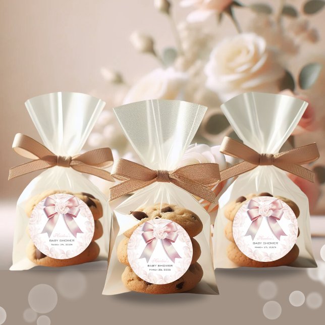 Pink Bow floral Baby Shower  Classic Round Sticker (Creator Uploaded)