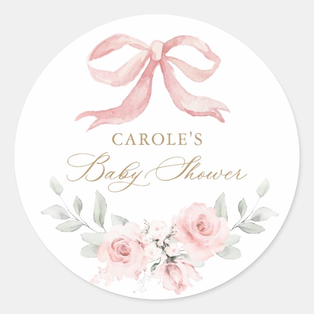 Pink Bow Floral Blush Baby Girl Baby Shower Classic Round Sticker (Front)