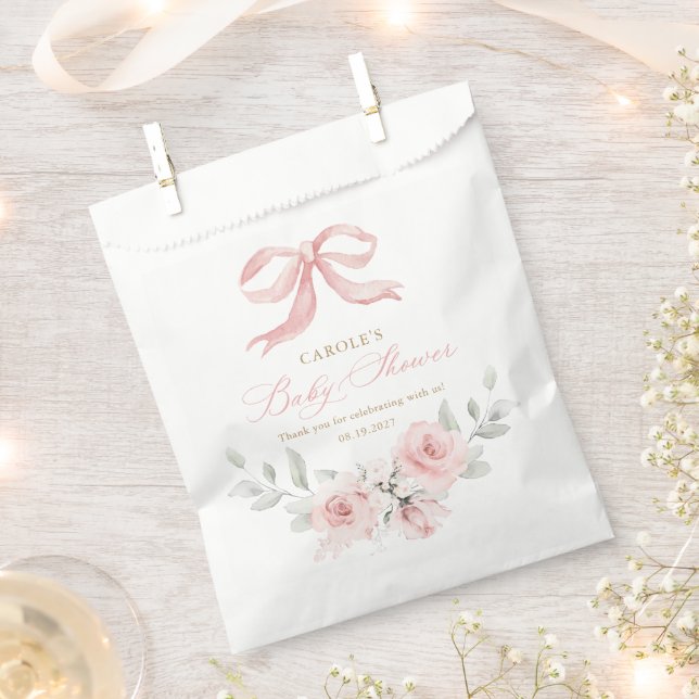 Pink Bow Floral Blush Gold Greenery Baby Shower Favour Bag (Clipped)