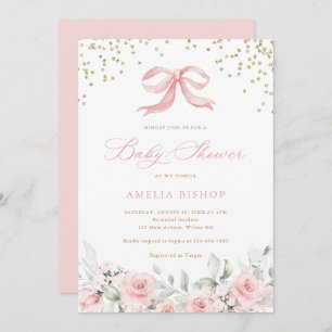 Pink Bow Floral Blush Greenery Gold Baby Shower Invitation