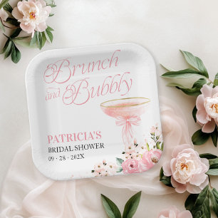 Pink Bow Floral Brunch And Bubbly Bridal Shower Paper Plate