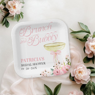 Pink Bow Floral Brunch And Bubbly Bridal Shower Paper Plate