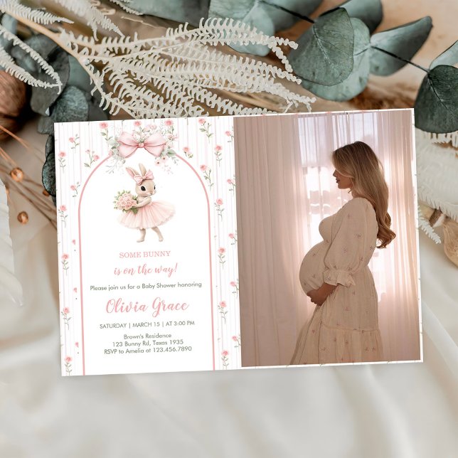 Pink Bow & Floral Bunny Baby Shower Photo Invitation (Creator Uploaded)