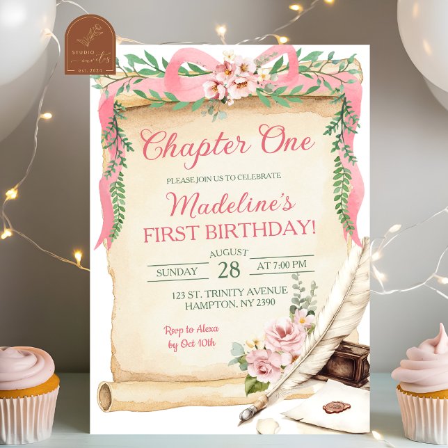 Pink Bow Floral Chapter One First Birthday Girl Invitation (Creator Uploaded)