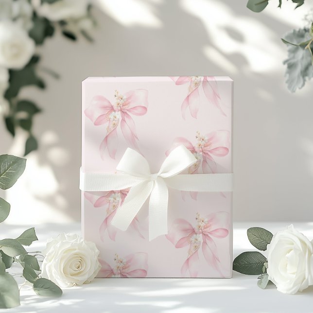 Pink Bow Floral Cherry blossom Baby Shower Wrapping Paper (Creator Uploaded)