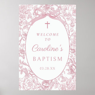 Pink Bow Floral Chinoiserie Baptism Welcome Sign