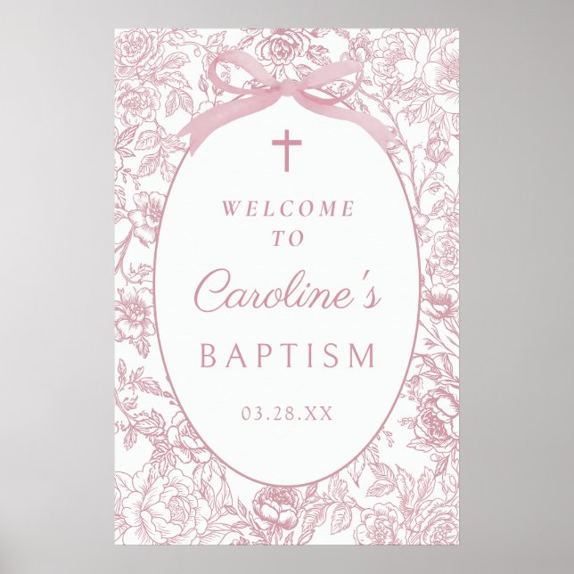 Pink Bow Floral Chinoiserie Baptism Welcome Sign (Front)