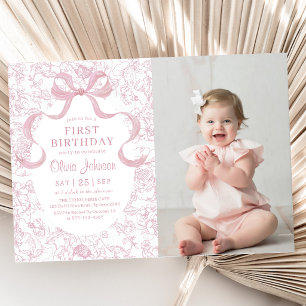 Pink Bow Floral Chinoiserie Toile Birthday Photo Invitation