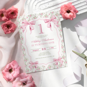 Pink Bow Floral Coquette 1st Birthday Invitation