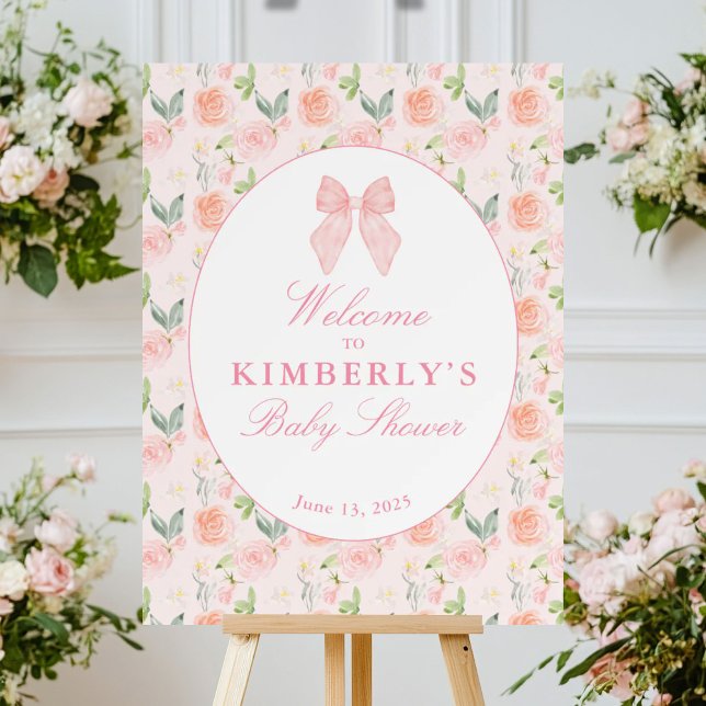 Pink Bow Floral Coquette Baby Shower Welcome Sign  (Creator Uploaded)