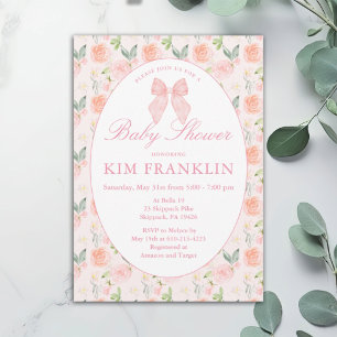 Pink Bow Floral Coquette Gingham Girl Baby Shower Invitation