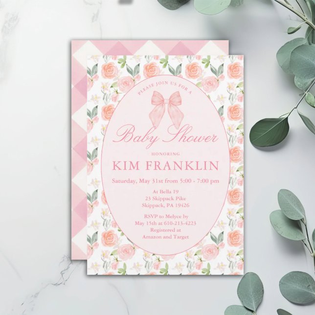 Pink Bow Floral Coquette Gingham Girl Baby Shower Invitation (Creator Uploaded)