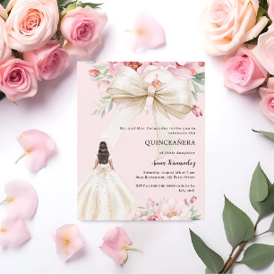 Pink bow floral cream dress Quinceanera invitation
