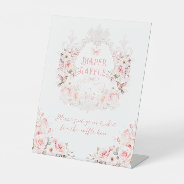 Pink Bow Floral Crest Baby Girl Shower  Pedestal Sign (Front)