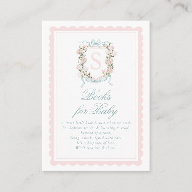 Pink Bow Floral Crest Books for Baby Enclosure Card (Front)