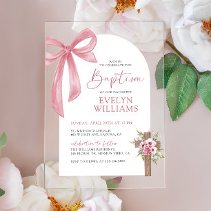 Pink Bow Floral Cross Girl Baptism & Christening Acrylic Invitations