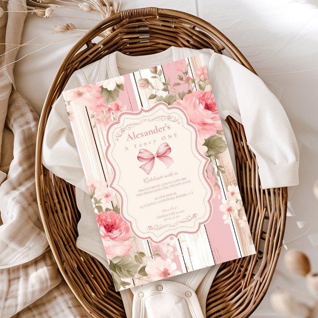 Pink Bow Floral Fancy ONE Girl 1st Birthday  Invitation (Creator Uploaded)