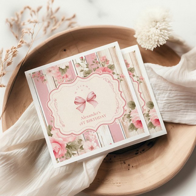 Pink Bow Floral Fancy ONE Girl 1st Birthday  Napkin (Creator Uploaded)