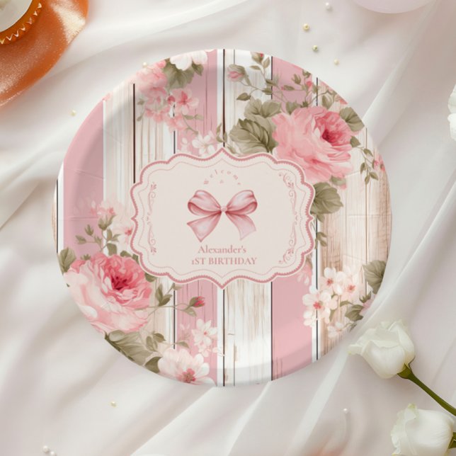 Pink Bow Floral Fancy ONE Girl 1st Birthday  Paper Plate (Creator Uploaded)