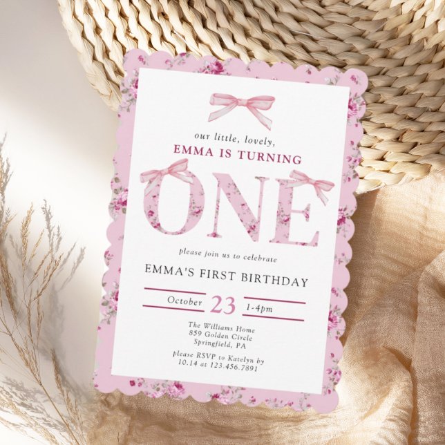 Pink Bow Floral First Birthday Invitation (Creator Uploaded)
