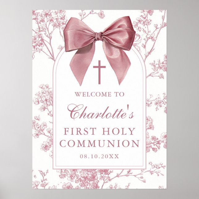 Pink Bow Floral First Holy Communion Welcome Sign (Front)