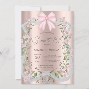 Pink Bow Floral Frame Rose Gold Sweet 16 Invitation