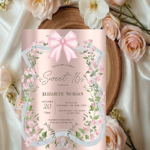 Pink Bow Floral Frame Rose Gold Sweet 16 Invitation