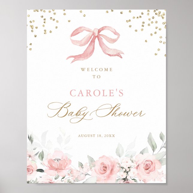 Pink Bow Floral Gold Greenery Baby Shower Welcome Poster (Front)