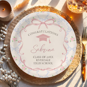 Pink Bow Floral Graduation Paper Plates
