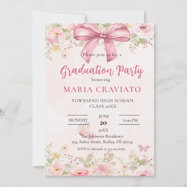  Pink Bow & Floral Graduation Party Invitation (Front)