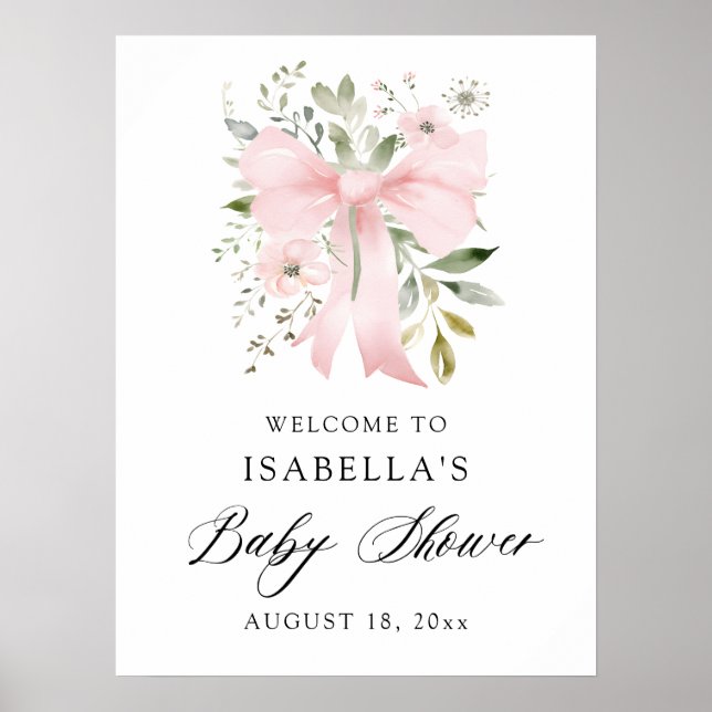 Pink Bow Floral Greenery Girl Baby Shower Welcome Poster (Front)