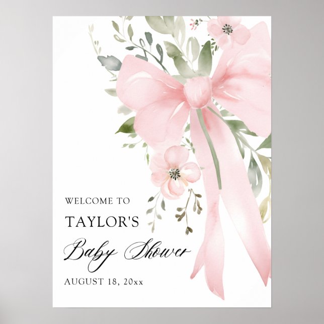 Pink Bow Floral Greenery Girl Baby Shower Welcome Poster (Front)