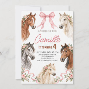 Pink Bow Floral Horse Birthday Invitation