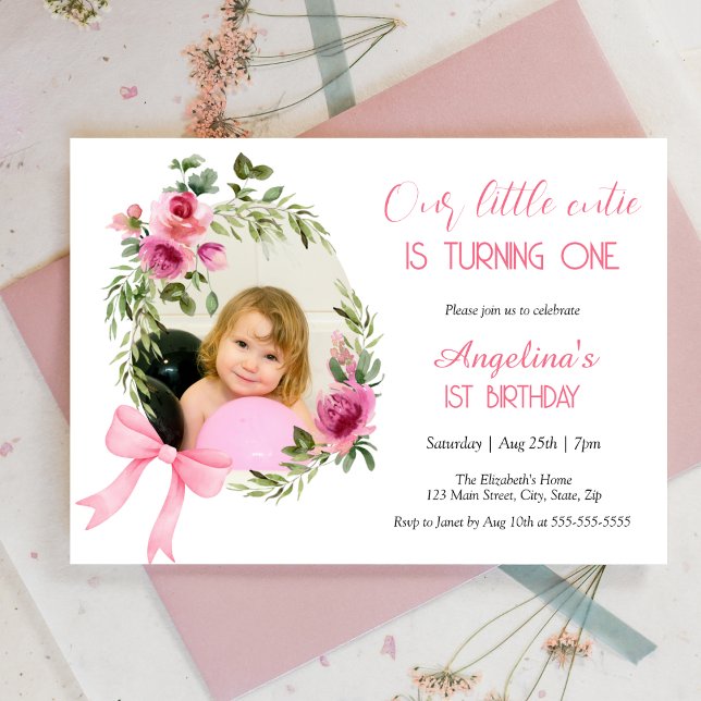 Pink Bow Floral Little Cutie Photo Birthday Invitation (Creator Uploaded)