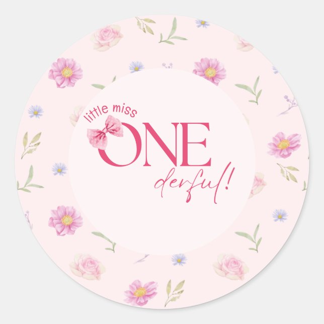 Pink Bow floral little miss Onederful 1st birthday Classic Round Sticker (Front)