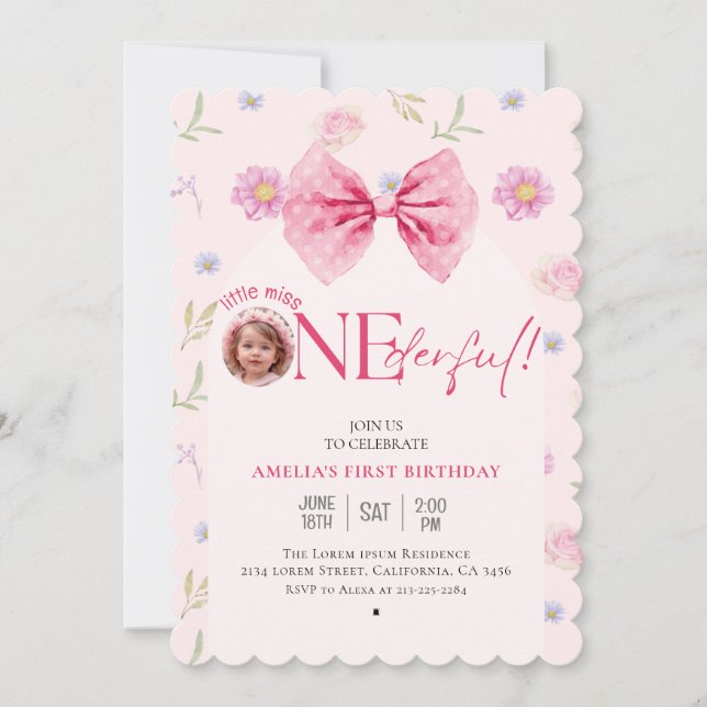 Pink Bow floral little miss Onederful 1st birthday Invitation (Front)
