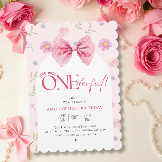 Pink Bow floral little miss Onederful 1st birthday Invitation (Creator Uploaded)