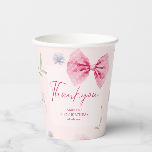 Pink Bow floral little miss Onederful birthday  Paper Cups (Front)