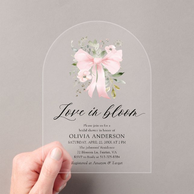 Pink Bow Floral Love in Bloom Arch Bridal Shower Acrylic Invitations (Insitu (Handheld))