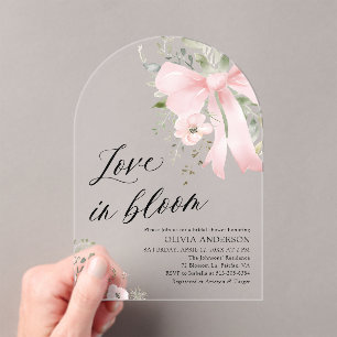 Pink Bow Floral Love in Bloom Arch Bridal Shower Acrylic Invitations