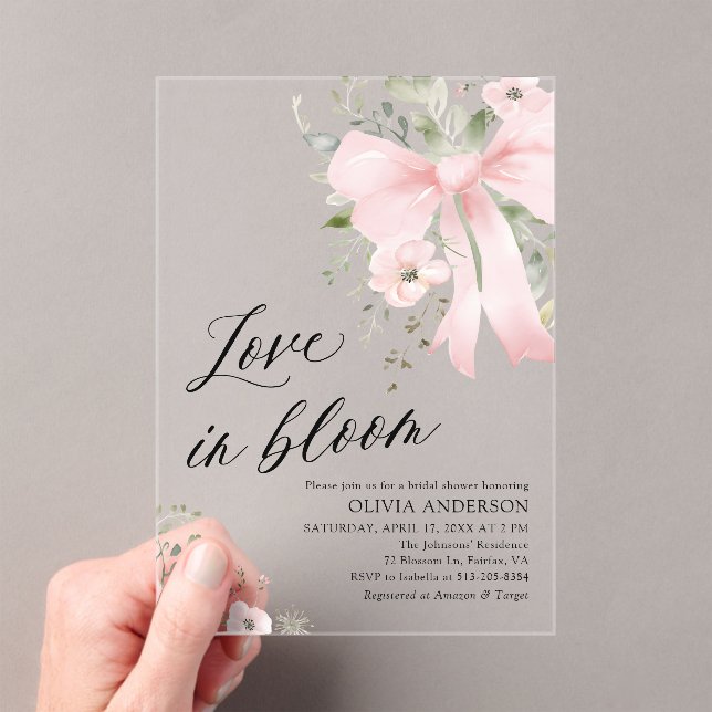 Pink Bow Floral Love in Bloom Bridal Shower Acrylic Invitations (Insitu (Handheld))
