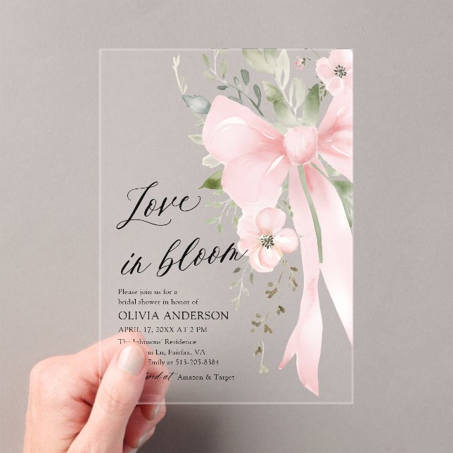Pink Bow Floral Love in Bloom Bridal Shower Acrylic Invitations (Insitu (Handheld))