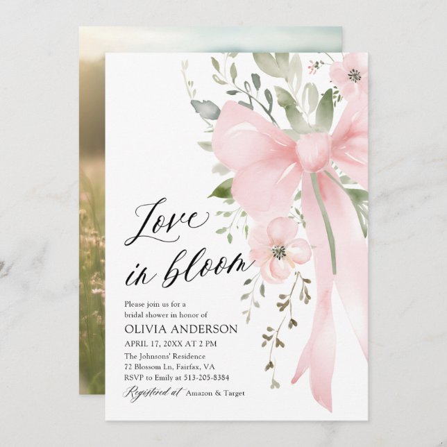 Pink Bow Floral Love in Bloom Bridal Shower Invitation (Front/Back)