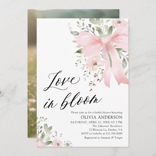 Pink Bow Floral Love in Bloom Bridal Shower Invitation (Front/Back)