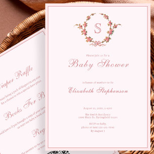 Pink Bow Floral Monogram Double-Sided Baby Shower Invitation