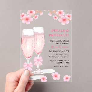 Pink Bow Floral Petals and Prosecco Bridal Shower  Acrylic Invitations
