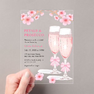Pink Bow Floral Petals and Prosecco Bridal Shower Acrylic Invitations