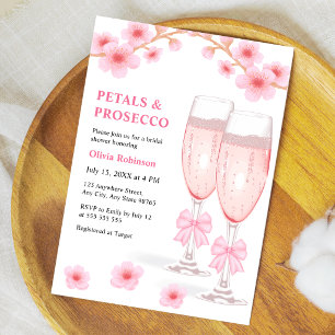 Pink Bow Floral Petals and Prosecco Bridal Shower Invitation