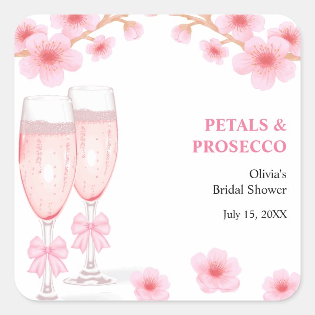 Pink Bow Floral Petals and Prosecco Bridal Shower  Square Sticker (Front)