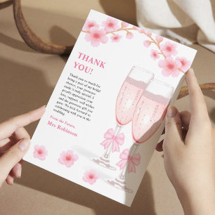 Pink Bow Floral Petals and Prosecco Bridal Shower Thank You Card